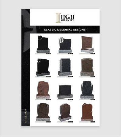Infographic showcasing 16 granite memorial headstone designs by HGH Granite