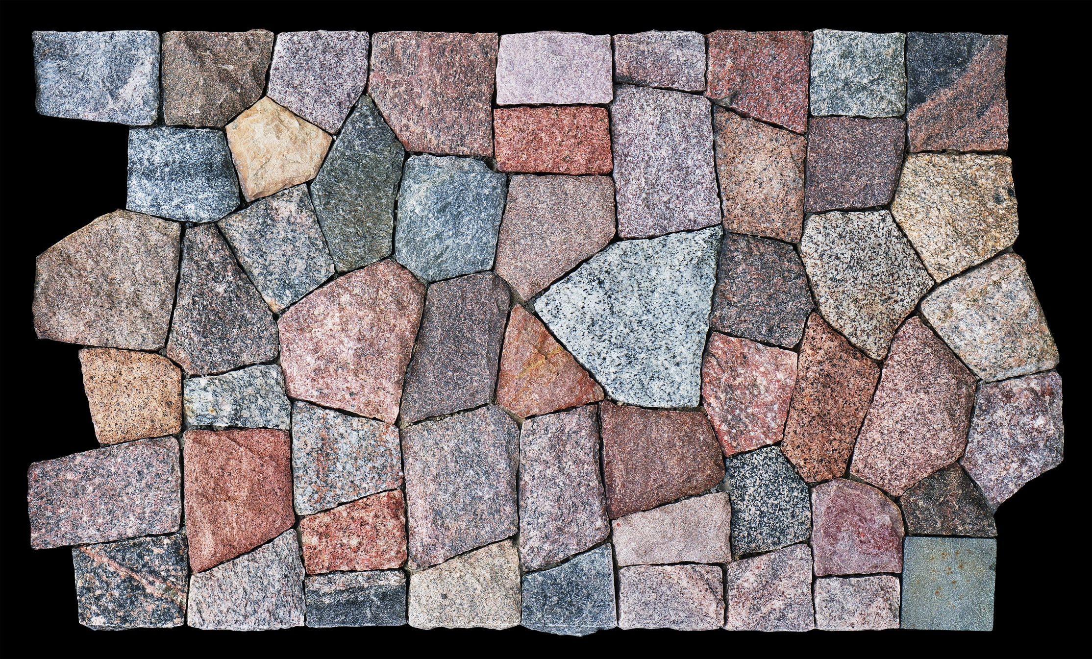 The flat panel is decorated with a mosaic from roughly processed granite polygonal tiles. Isolated on black