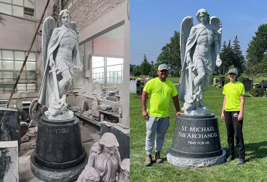 Before and after of the completed St Michael granite sculpture once installed