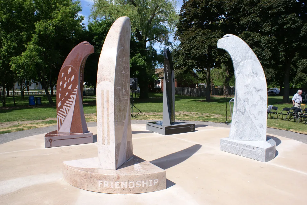 Eagles Among Us are four nine-foot-high granite eagles, arranged within a circular plaza