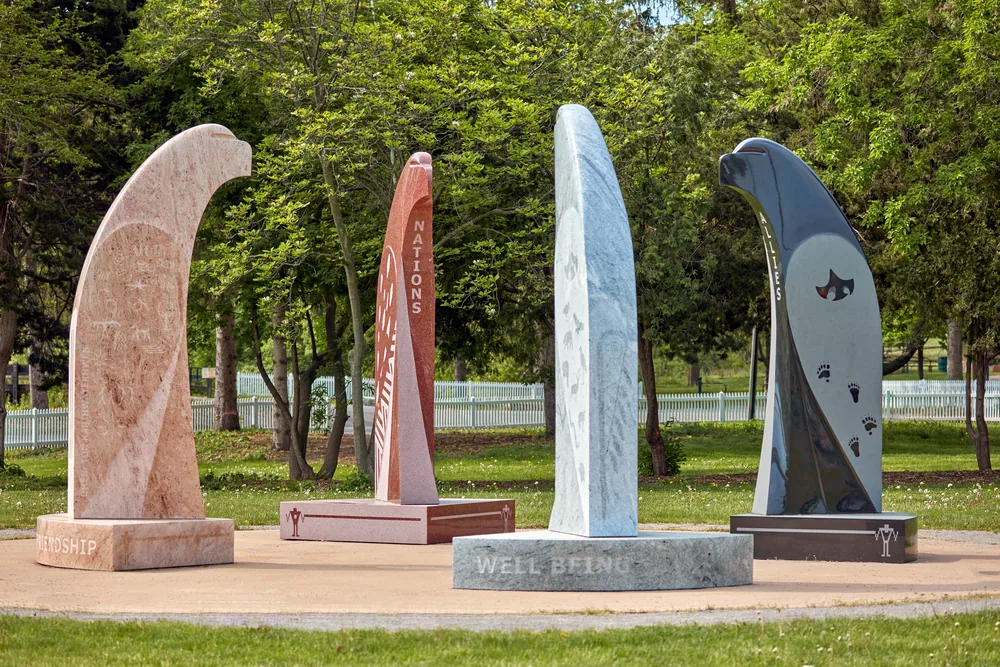 Eagles Among Us are four nine-foot-high granite eagles, arranged within a circular plaza