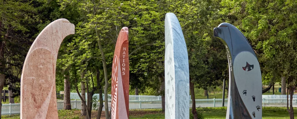 Eagles Among Us are four nine-foot-high granite eagles, arranged within a circular plaza