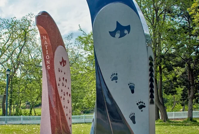 Eagles Among Us are four nine-foot-high granite eagles, arranged within a circular plaza