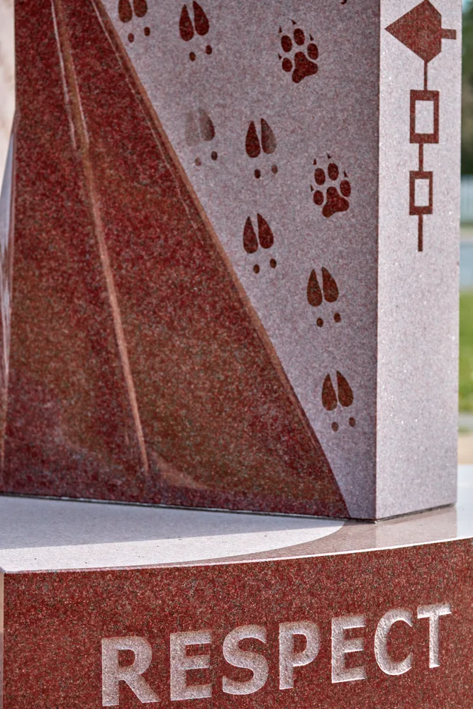 Eagles Among Us are four nine-foot-high granite eagles, arranged within a circular plaza